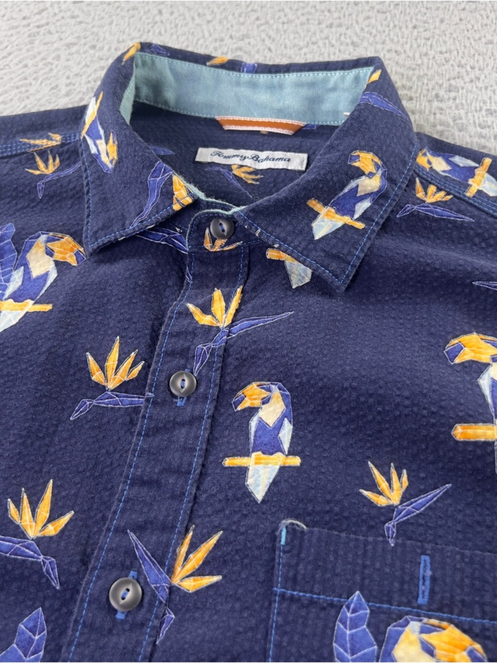 Tommy Bahama Shirt Medium Blue Toucan All Over Print Button Hawaaiian Camp